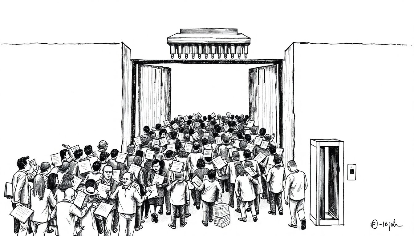 A crowd pours through an open gate scattering pages while a coin turnstile shuts beneath a low ceiling of chips, as open models surge against cost and compute limits.