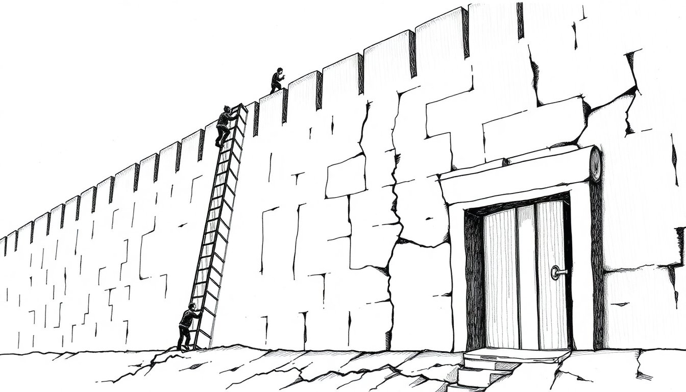 Figures climb open ladders up a fortress wall as cracks spread from a door left ajar, showing open models reaching the frontier while its security fails.