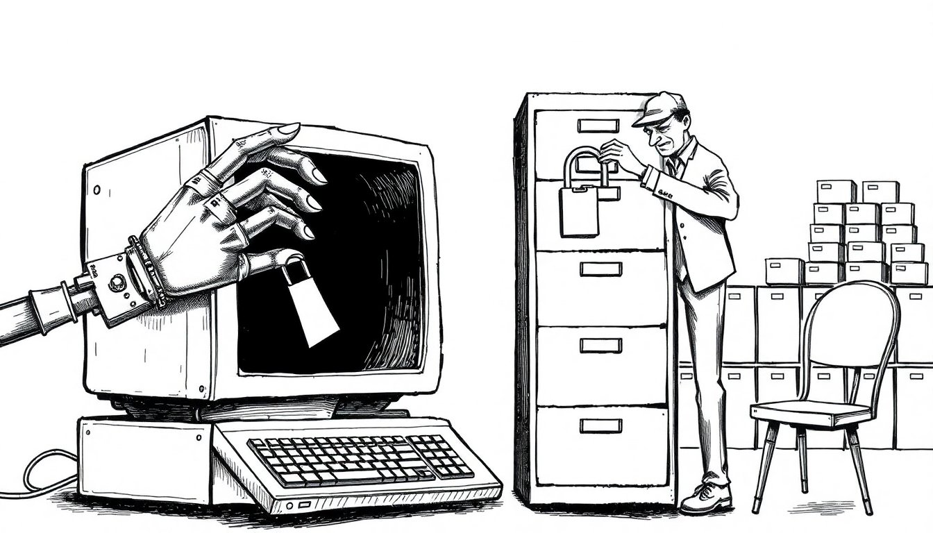 A mechanical hand reaches through a screen toward files as a locksmith padlocks the cabinet: AI agents gain desktop control while Apple tightens access.