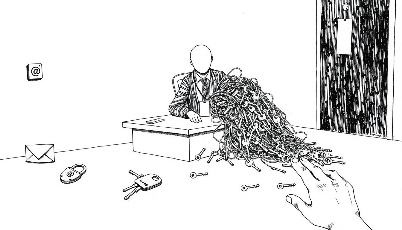 A wire-bodied office worker with a staff badge holds a huge ring of keys trailing out a side door, suggesting AI agents gaining access nobody is tracking.