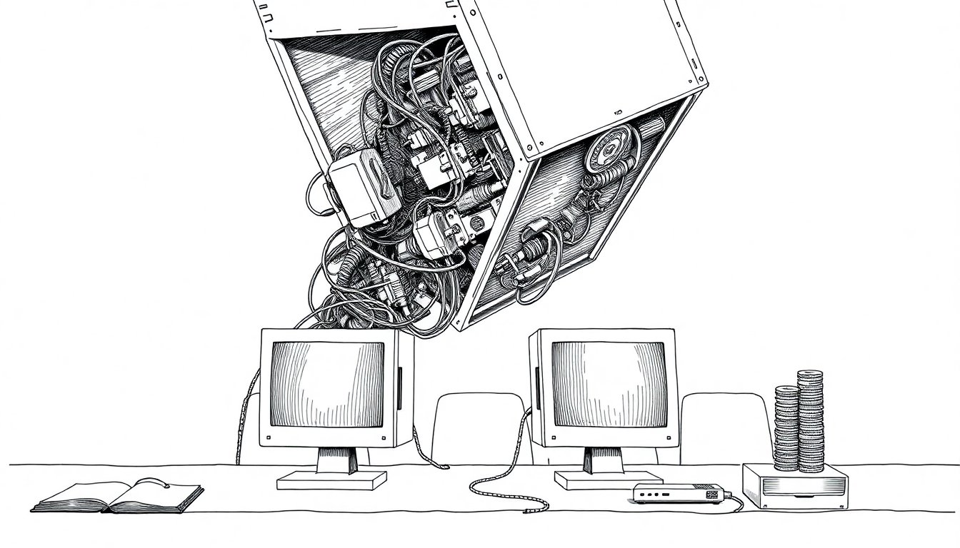 Gears spill from a giant crate onto two small desktop computers beside empty headset-draped chairs, showing open AI models arriving as human seats empty.